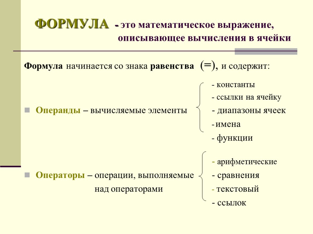 ФОРМУЛА - это математическое выражение, описывающее вычисления в ячейки Формула начинается со знака равенства